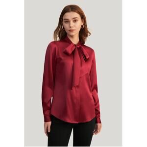 LilySilk Women Bow-tie Neck Silk Red Blouse - Size Small